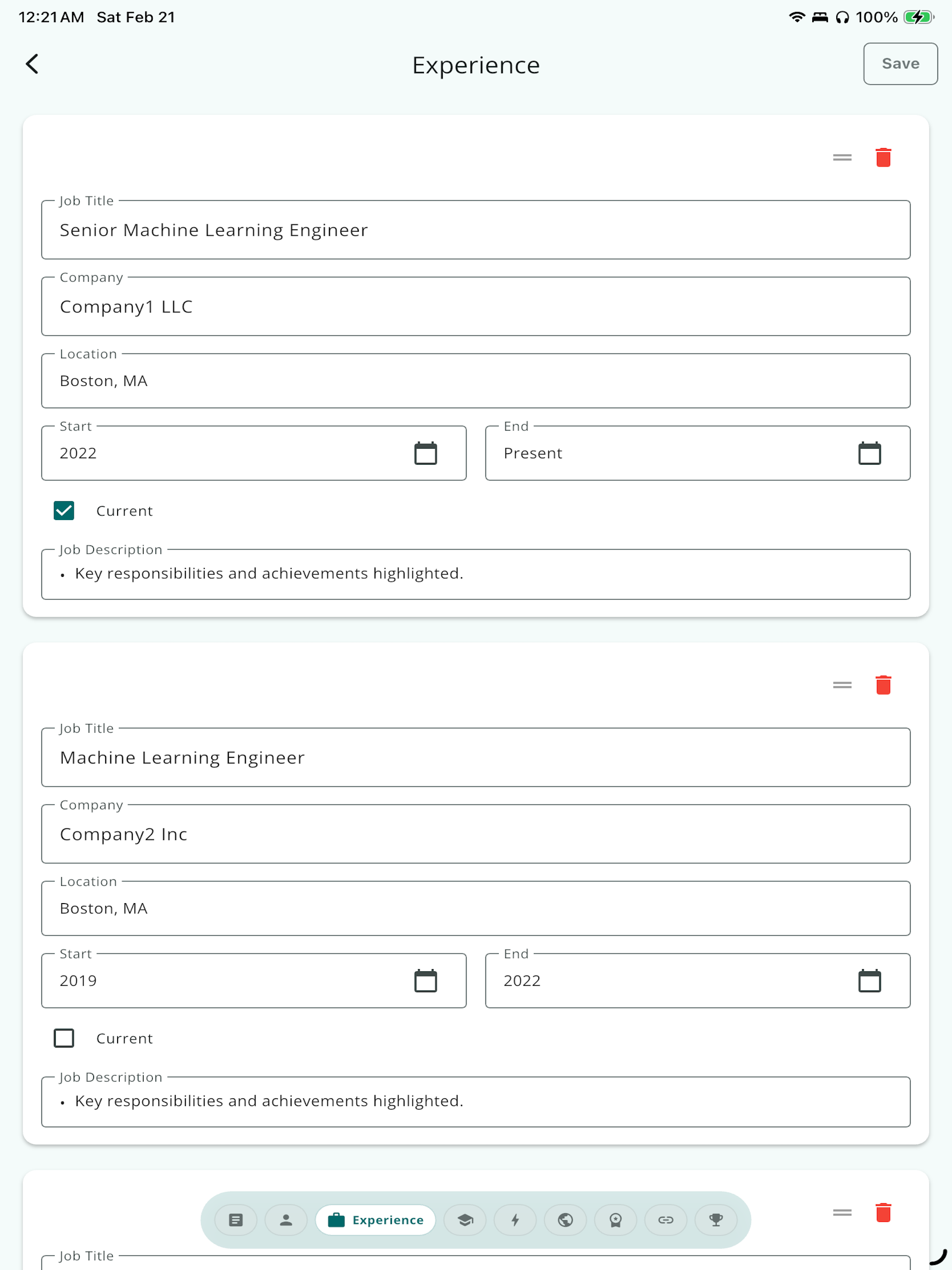 Experience form screen